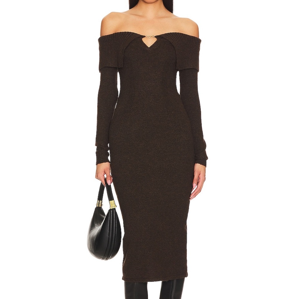 Astr Off-Shoulder Long Sleeve Brown Dress